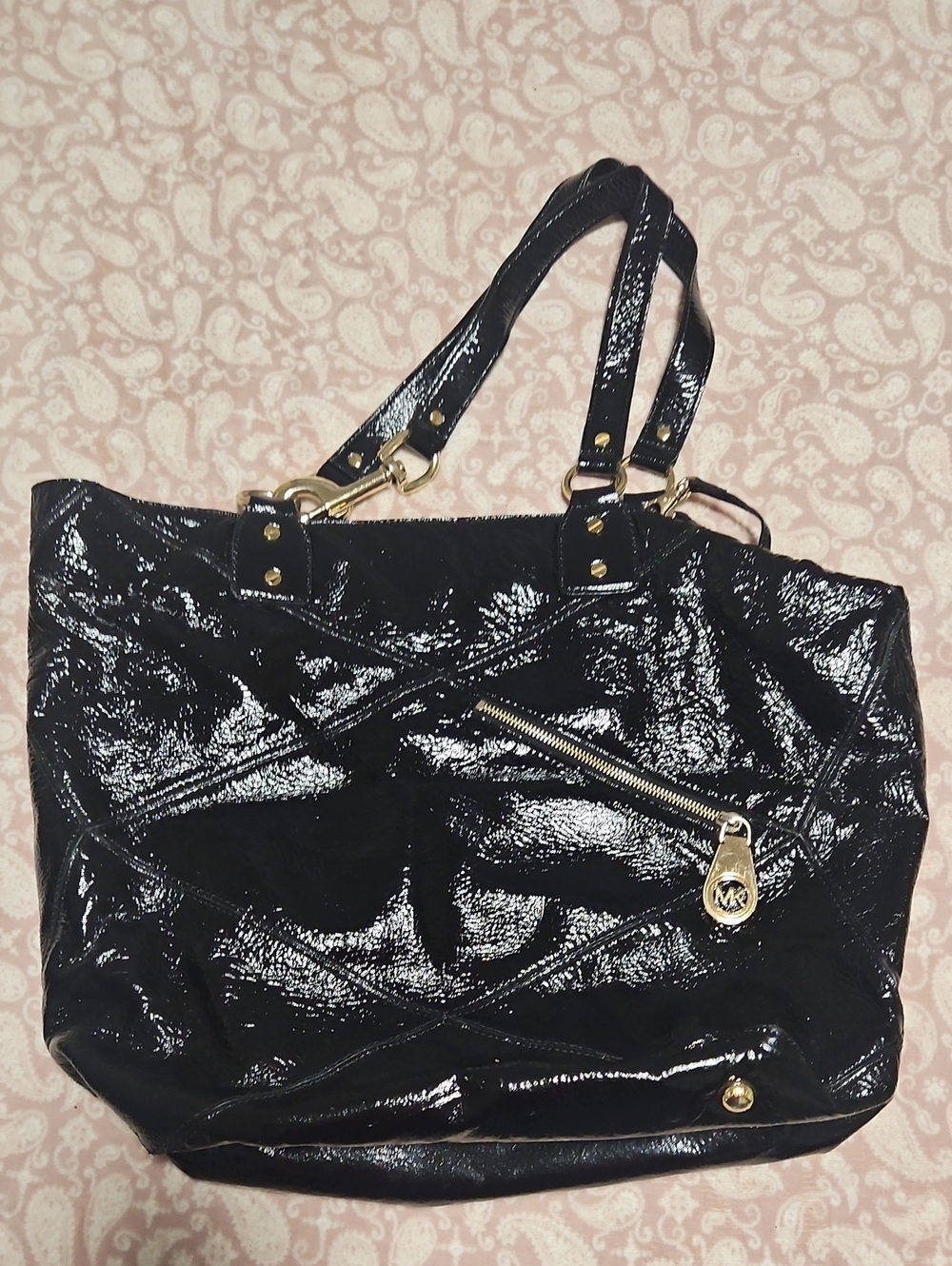 Michael Kors Black Patent Tote with Gold Accents